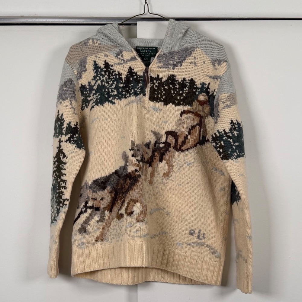 Lauren Ralph Lauren Hand Knit‎ Lambswool Dog Sled Winter Scene Hooded Sweater PS